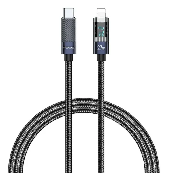 كابل شحن ومزامنة كريستال لايتنينج Recci RS-16CL بقوة 27 وات، 1.2 متر - أسود