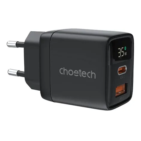 شاحن حائط Choetech GaN بقوة 35 واط مع شاشة ومنفذي USB-C و USB-A (أسود)
