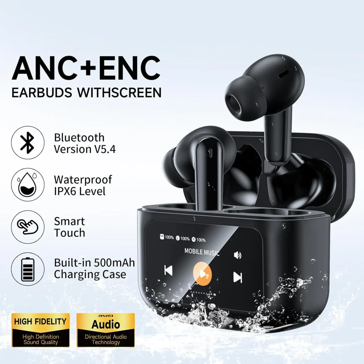 AWEI T96 ANC Wireless Earphones with Bluetooth 5.4 and LED Display - White - Image 7