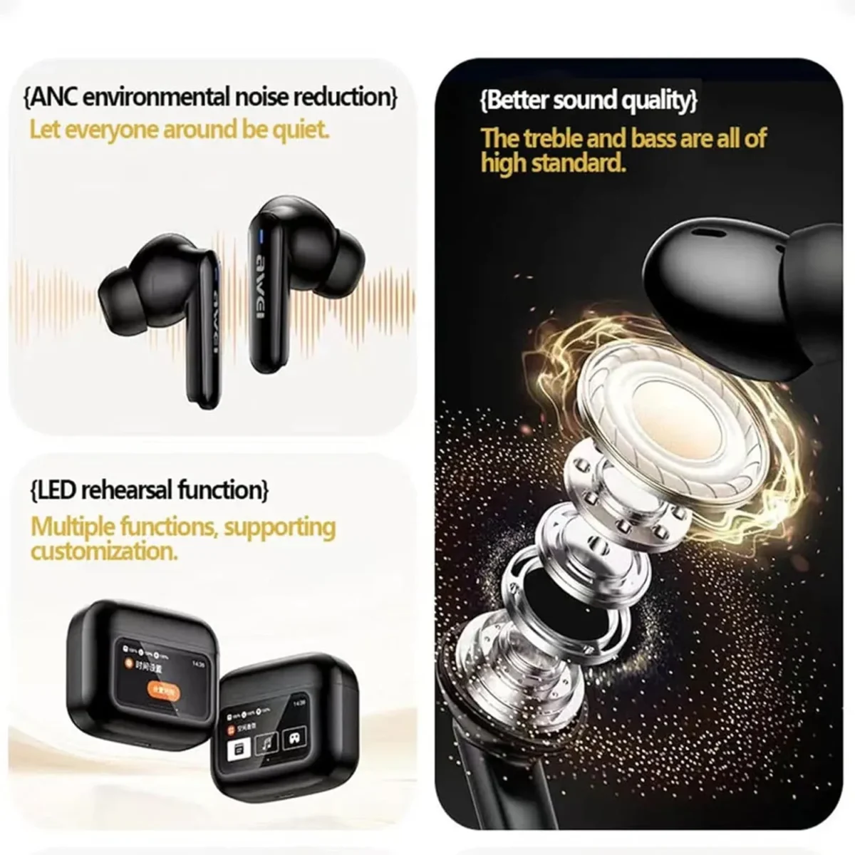 AWEI T96 ANC Wireless Earphones with Bluetooth 5.4 and LED Display - White - Image 5