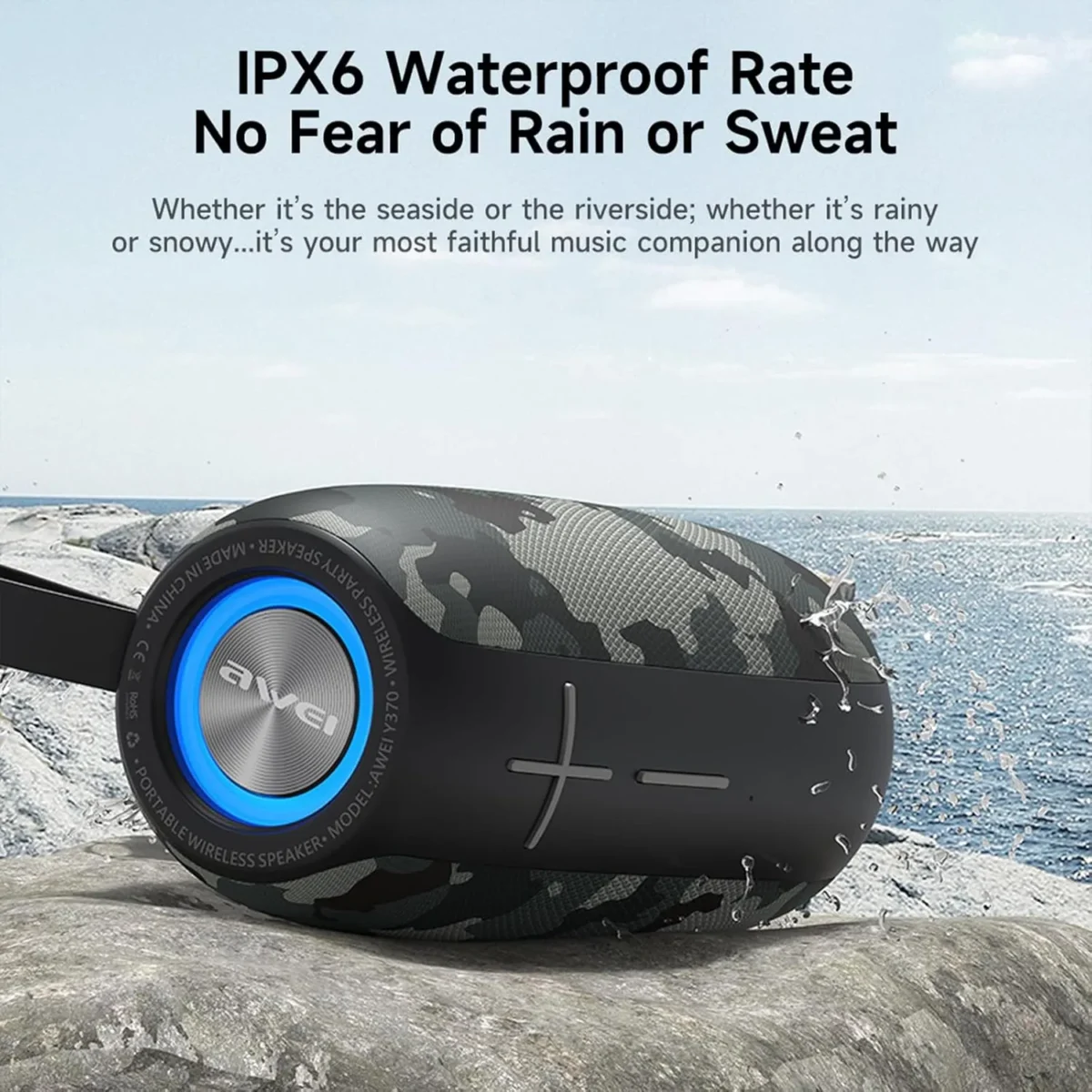 Awei Y370 Portable Waterproof Bluetooth Speaker with LED Light and FM Radio - Black - Image 3