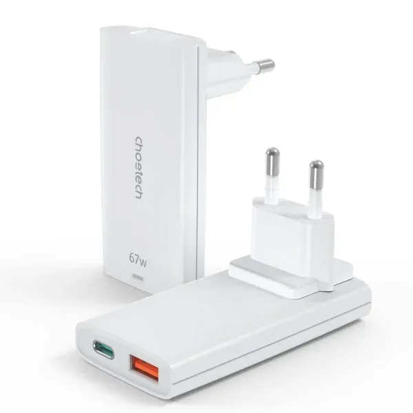 شاحن جداري Choetech PD65W GaN فائق النحافة بمنفذي USB-C و USB-A أبيض