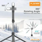 ⁦حامل ثلاثي لعصا سيلفي Plokama Live K10 pro مزود بإضاءة LED وجهاز تحكم بلوتوث – ارتفاع 200 سم – أسود⁩ - الصورة ⁦6⁩