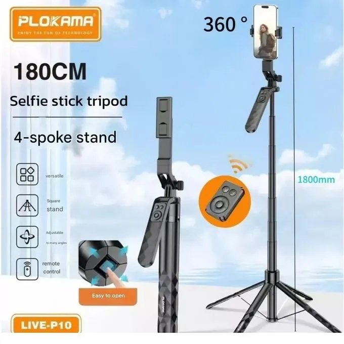 2 Plokama Live P10 Pro 180cm Selfie Stick Tripod – Black - Image 1